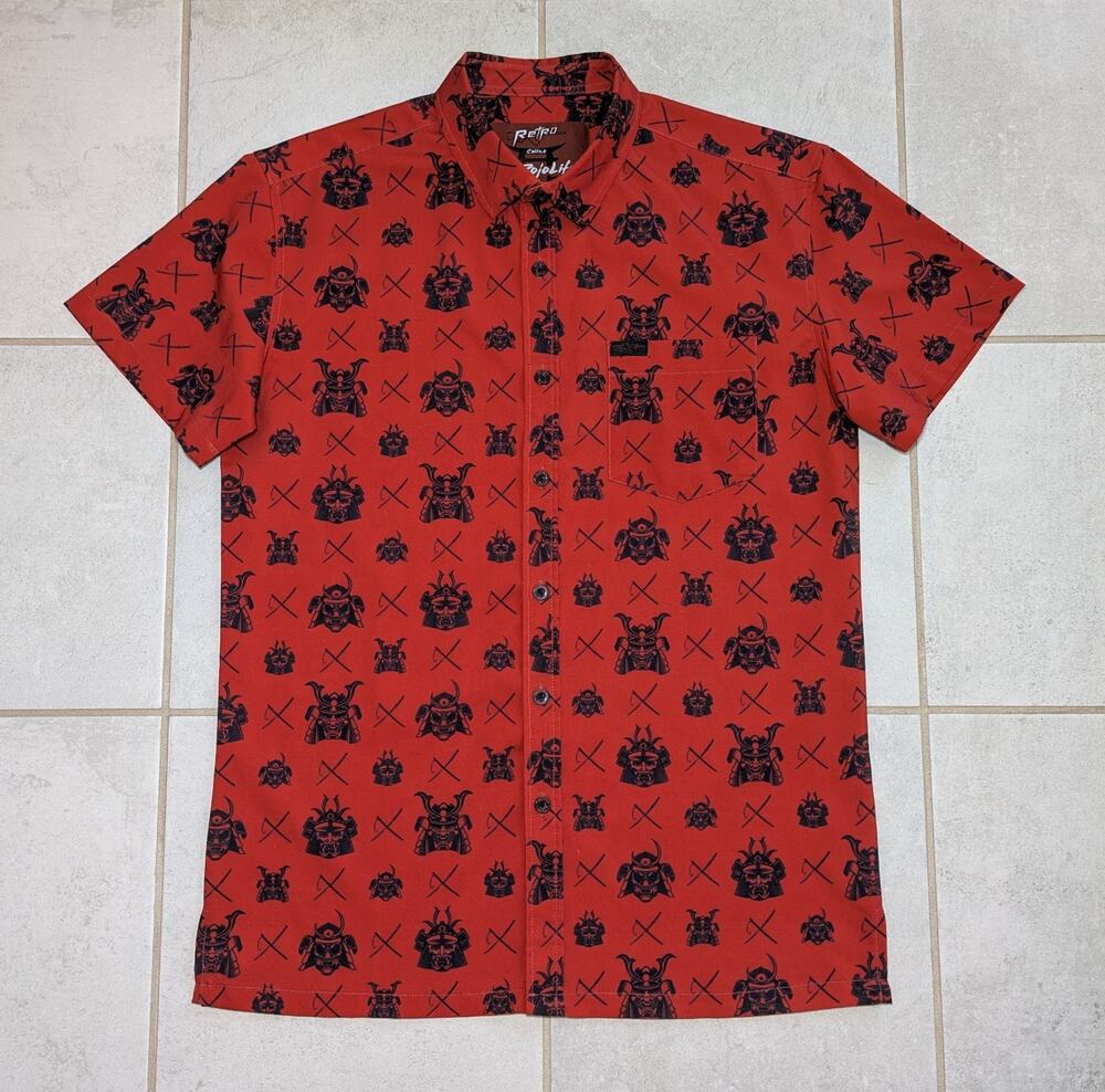 Retro Rifle Men's Medium Collab McDojo Life Samurai Hawaiian Button Shirt Red
